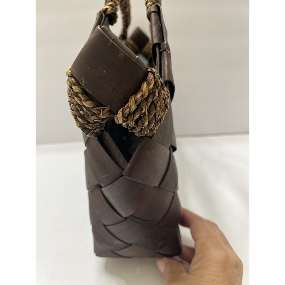 Dark Brown Woven Basket Handbag Funky Unique Braided Woven Handle - Picture 4 of 10